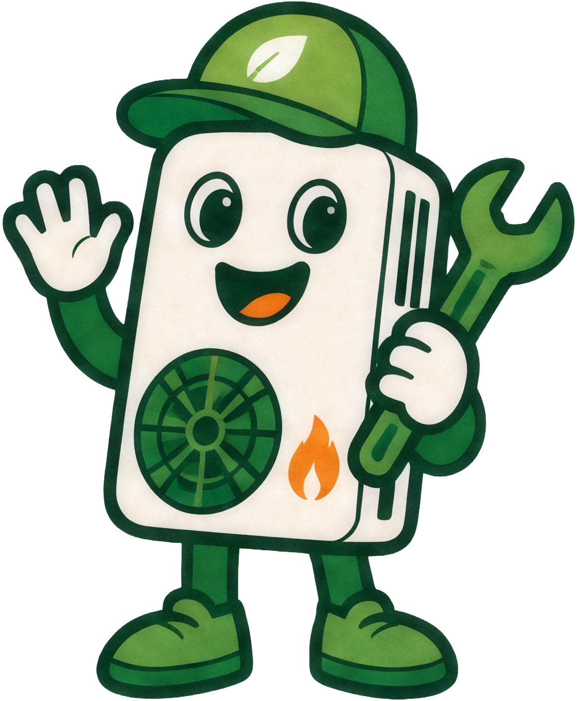 Hugo, the Heat Pump Hugo mascot, waving and holding a spanner